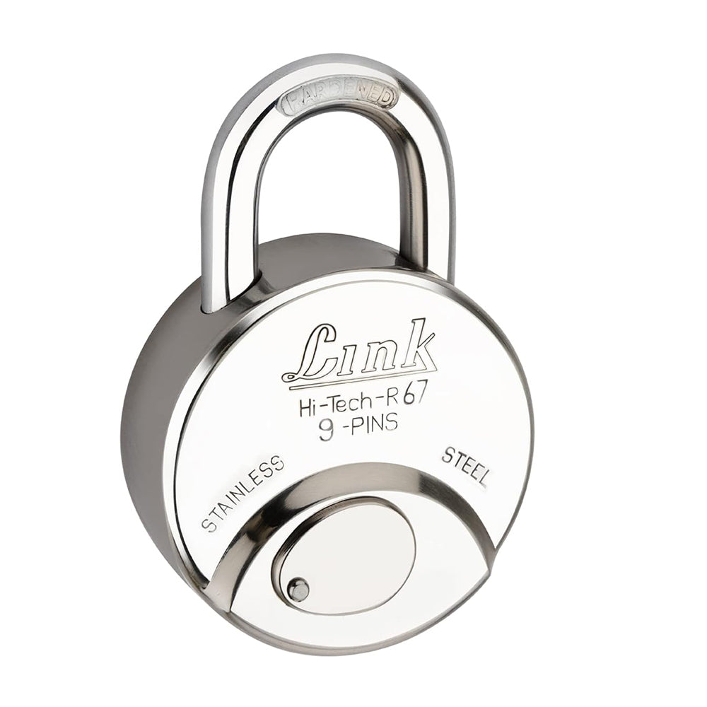 Link R-67MM Round Lock | Stainless Steel Body | Hardened Shackle |1 Padlock | 3 Silver Keys with Hi-Tech Nickle & Keychain | Made in India