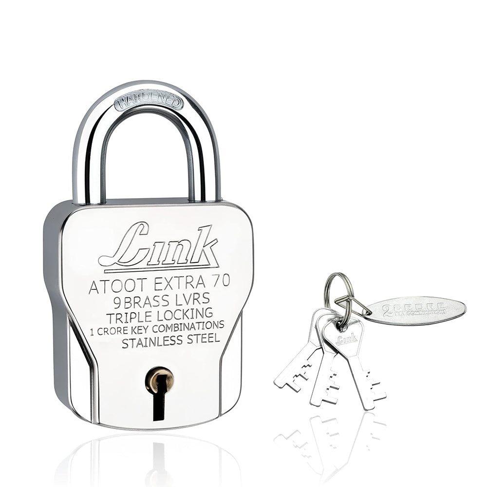 Link Atoot Extra 70MM Triple Locking Mechanism Padlock, Hardened Shackle, Each Padlock with 3 Silver Keys and Free Keychain