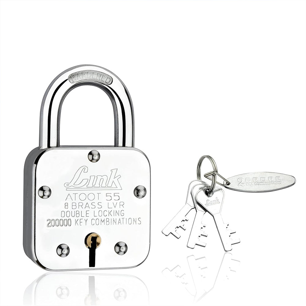 Link Atoot 55MM Lock | 2 Lakhs Key Combinations | Steel Body | Hardened Shackle | 8 Brass Levers | Made in India | Each Padlock with 3 Silver Keys and Free Key Chain