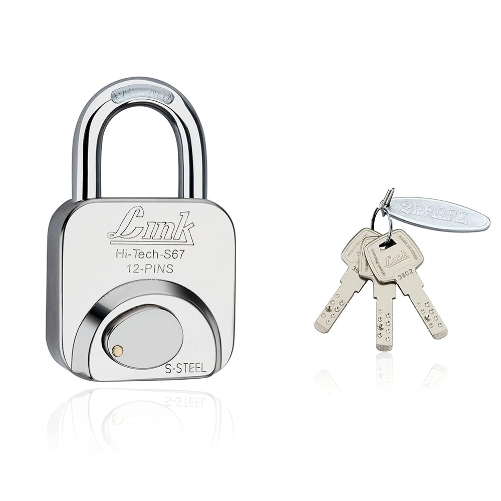Link S-67MM Padlock | Stainless Steel Body | Hardened Shackle | 1 Padlock | 3 Silver Keys with Hi-Tech Nickle & Keychain | Made in India