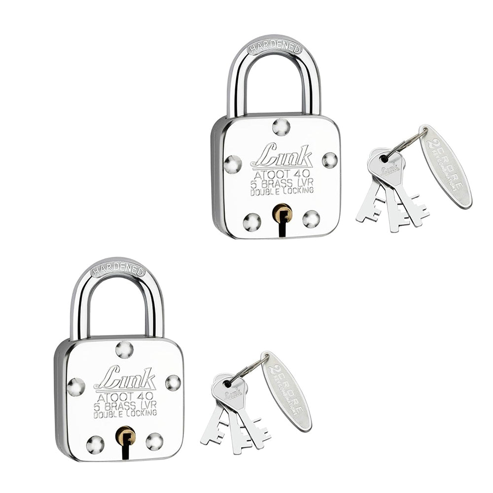 Link Atoot 40MM Lock | Double Locking | Steel Body | Hardened Shackle | 5 Brass Levers | Made in India | Each Padlock with 3 Silver Keys Free Keychain (Pack of 2)