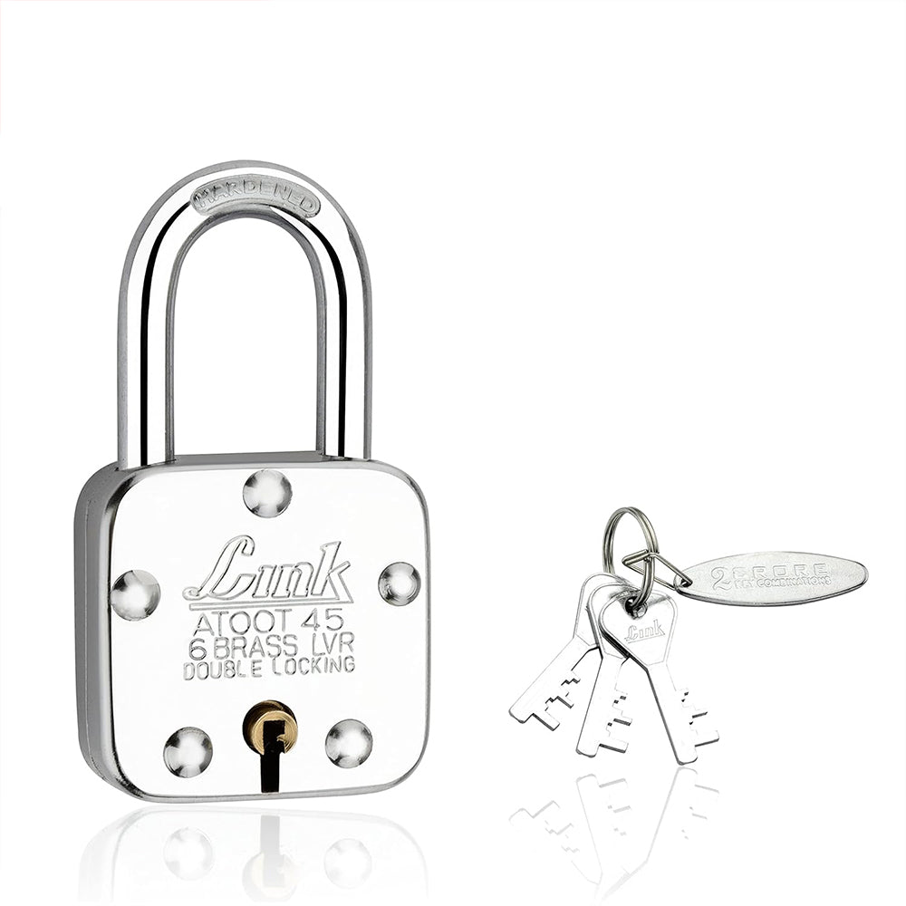 Link Atoot 45mm Long Shackle Lock | Steel Body | Hardened Shackle | 6 Brass Levers | Made in India | 1 Padlock 3 Silver Key
