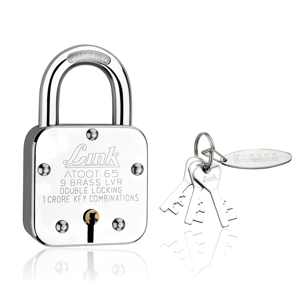 Link Atoot 65MM Lock | 1 Crore Key Combinations | Steel Body | Hardened Shackle | 9 Brass Lever | Made in India | 1 Padlock 3 Silver