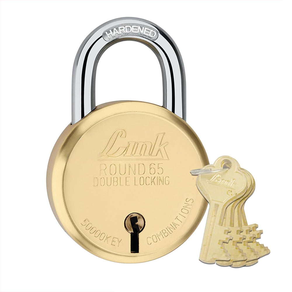 Link 8 Levers 65mm Round Brass Body Padlock | Hardened Shackle|Double Locking | Brass Finish Home Door Lock with 4 Brass Keys| Made in India| (Gold, Pack of 2)