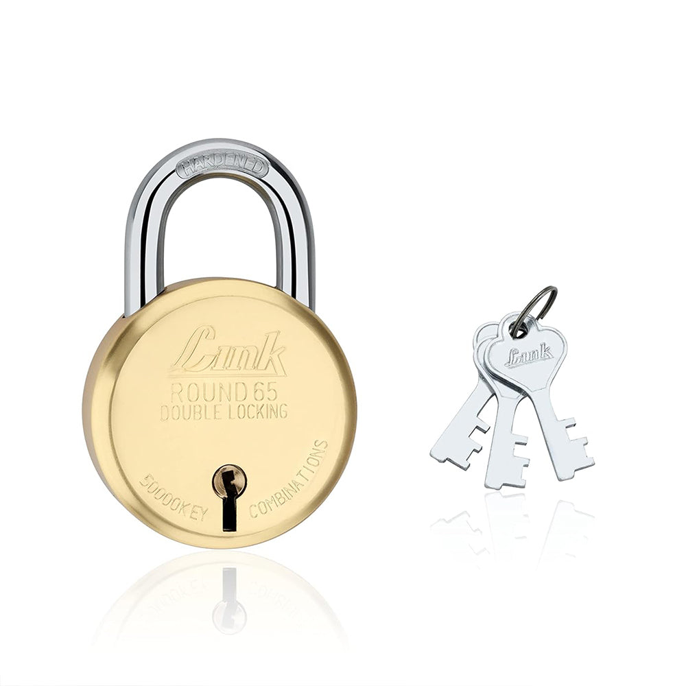 Link New Round Brass 65MM Lock | Brass Body | Brass Lever | Double Locking | 3 Silver Keys | 1 Padlock | Made in India