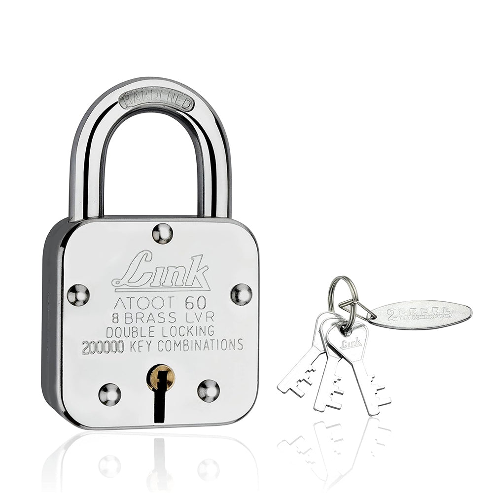 Link Atoot 60MM Lock | 2 Lakhs Keys Combination | Steel Body | Hardened Shackle | 8 Brass Levers | Made in India | 1 Padlock 3 Silver Keys