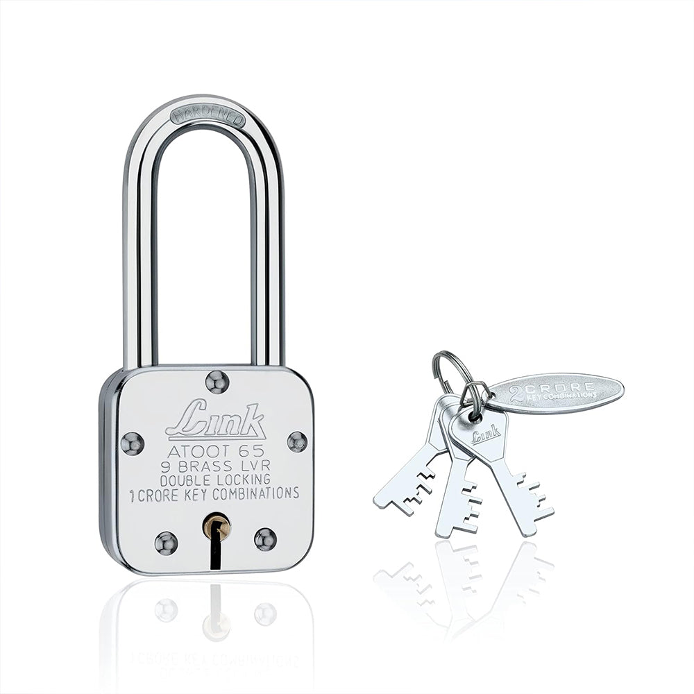 Link Atoot 65MM Long Shackle Lock | 1 Crore Keys Combinations | Steel Body | Hardened Shackle | 9 Brass Lever | Made in India | 1 Padlock 3 Silver Keys