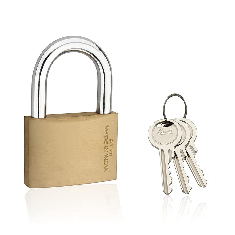 Link PT 70MM Brass Lock with Hardened Shackle and 3 Brass Key | 15 Years Warranty | Get Free Key Holder