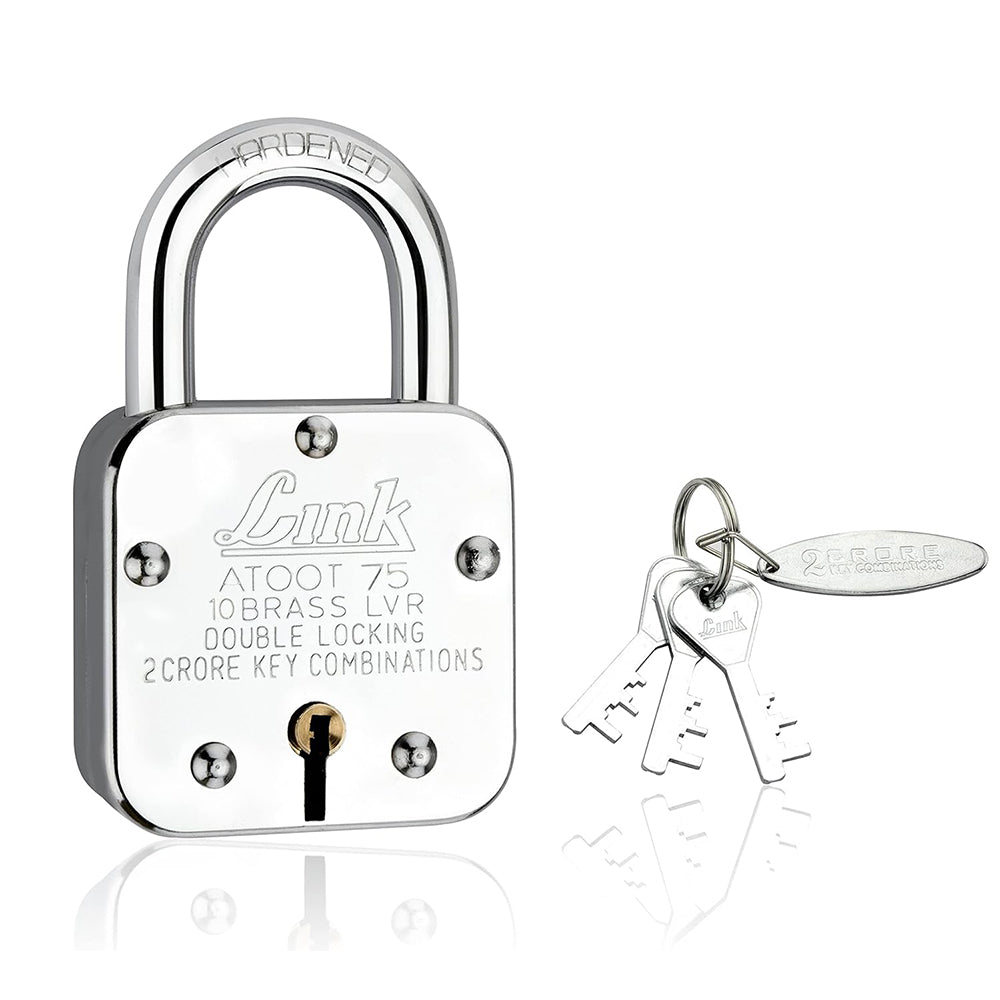 Link Atoot 75MM Lock | 2 Crore Key Combinations | Stainless Steel Body | Hardened Shackle | 10 Brass Lever | Made in India | 1 Padlock 3 Silver Key