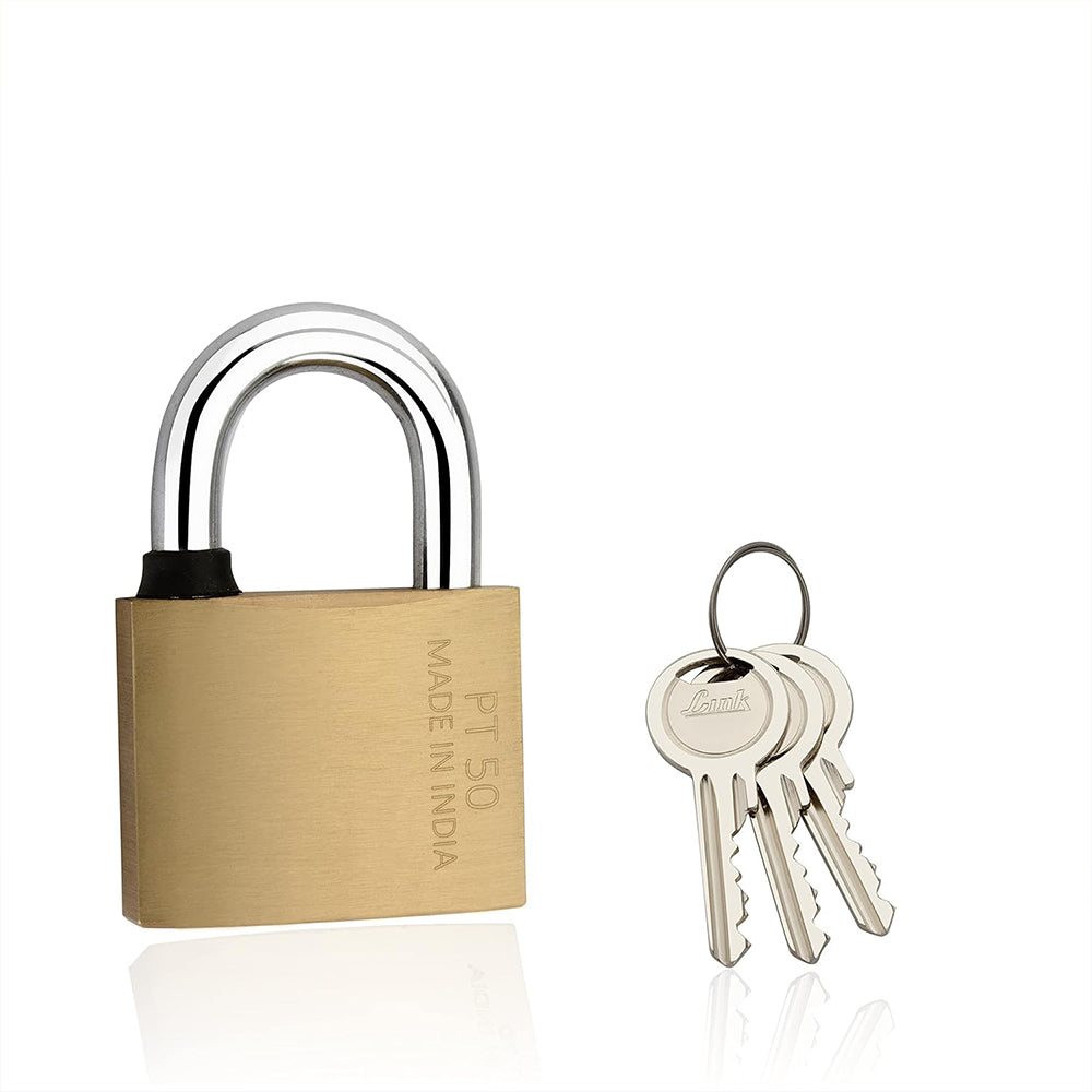 Link PT 50 MM Brass Lock with Hardened Shackle and 3 Brass Key | 15 Years Warranty | Get Free Key Holder