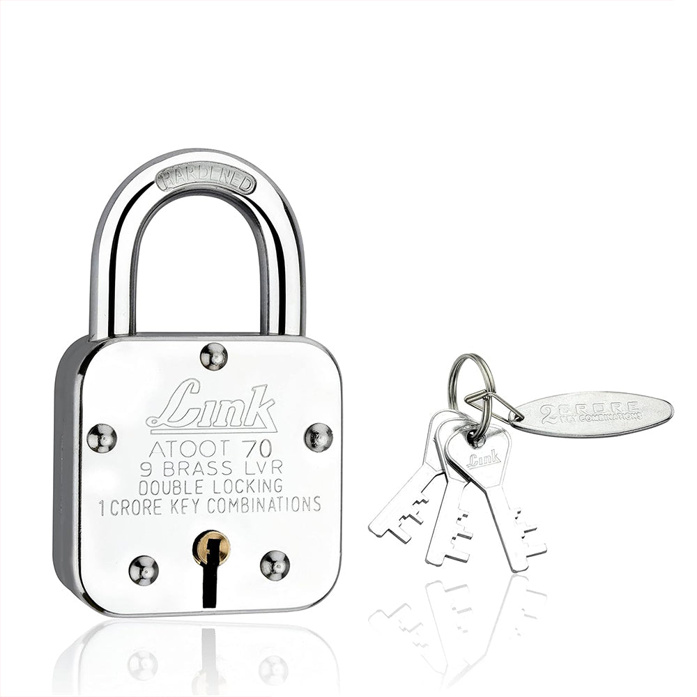 Link Atoot 70MM Lock | 1 Crore Key Combinations | Stainless Steel Body | Hardened Shackle | 9 Brass Lever | Made in India | 1 Padlock 3 Silver Keys