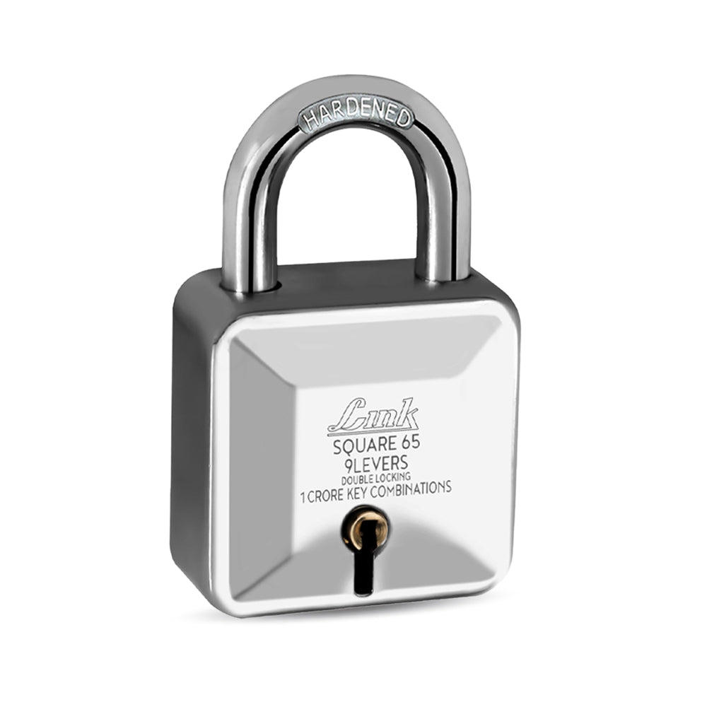 Link Square 65MM Diamond Cut Patented Design Padlock | 9 levers | Double Locking | 1 Cr Key Combinations | Hardened Shackle | Solid Steel Body with 3 Keys | 10 Years Warranty |